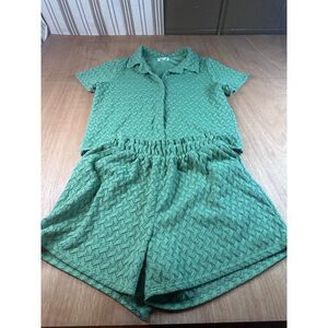 Kathy Ireland Womens Green Textured Romper Size L Belted Lined